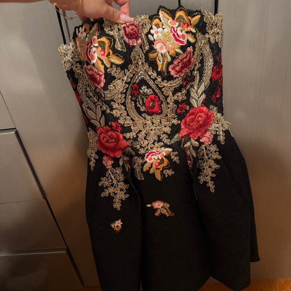 Mac Duggal Strapless Black Floral Embroidered Cocktail Dress - Picture 2 of 5